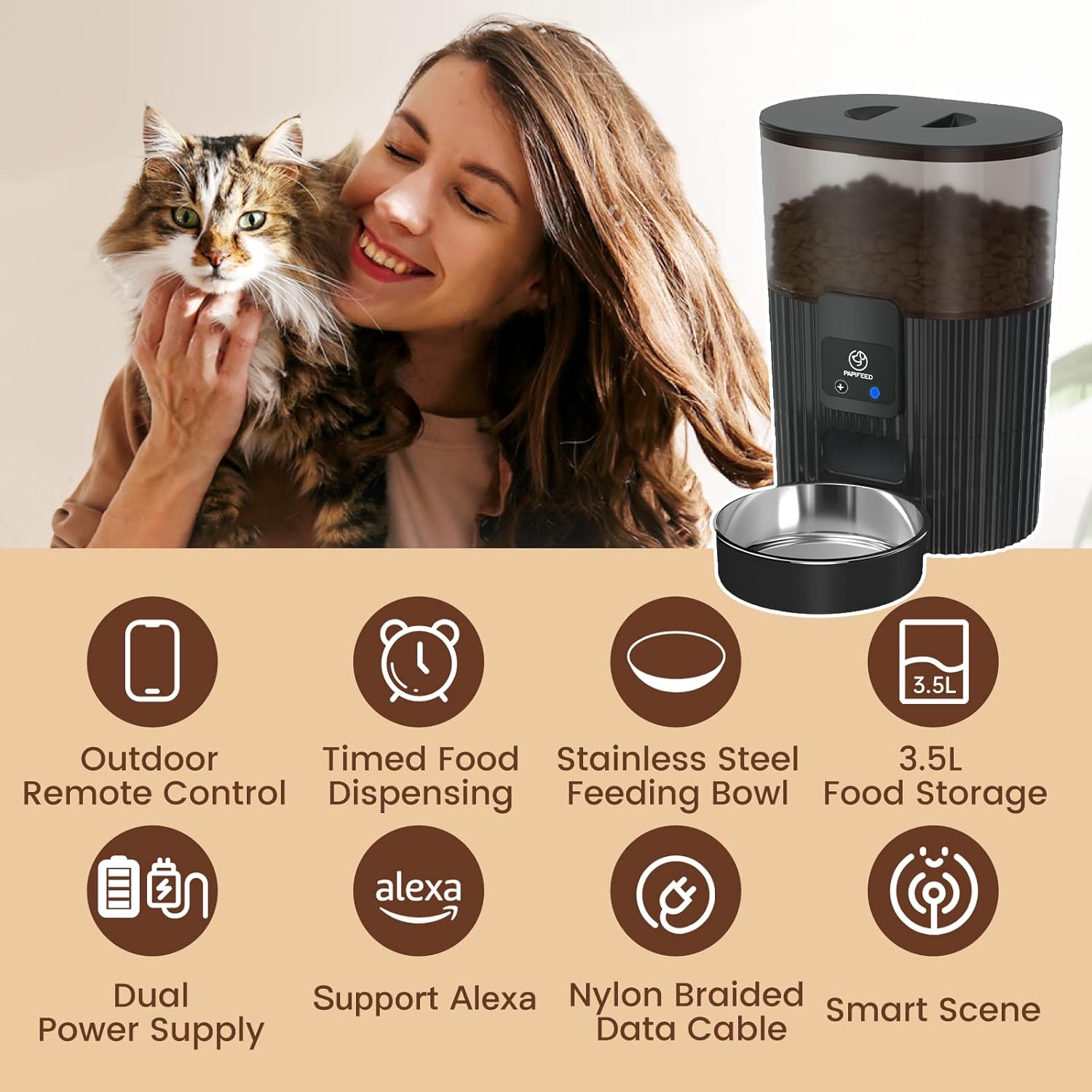 Automatic Cat Feeders with APP: Wifi Pet Dry Food Dispenser Compatible with Alexa & Echo,Smart Timed Auto Cat Feeder with Anti-Bite Power Cord for Cats, Dogs,Up to 10 Meals per Day(15 Cups