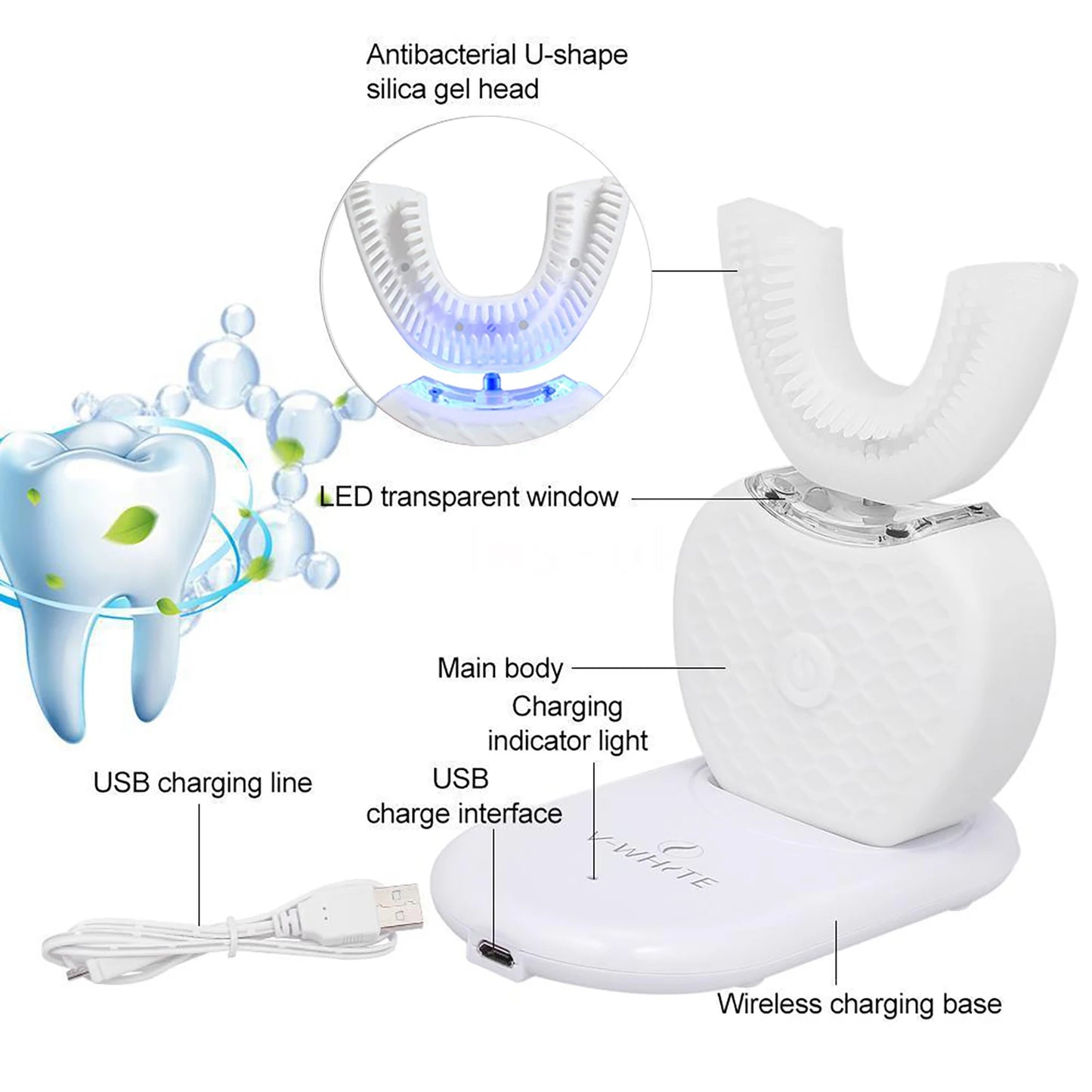 360 Degrees Intelligent Automaticelectronic Toothbrush USB Rechargeable U Shape with 4 Modes Timer Blue Light Toothpaste